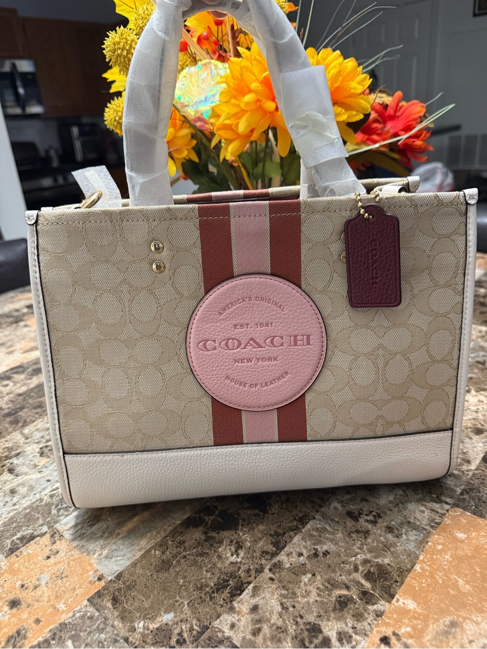 Coach Beige Canvas Satchel with Pink and Burgundy Accents